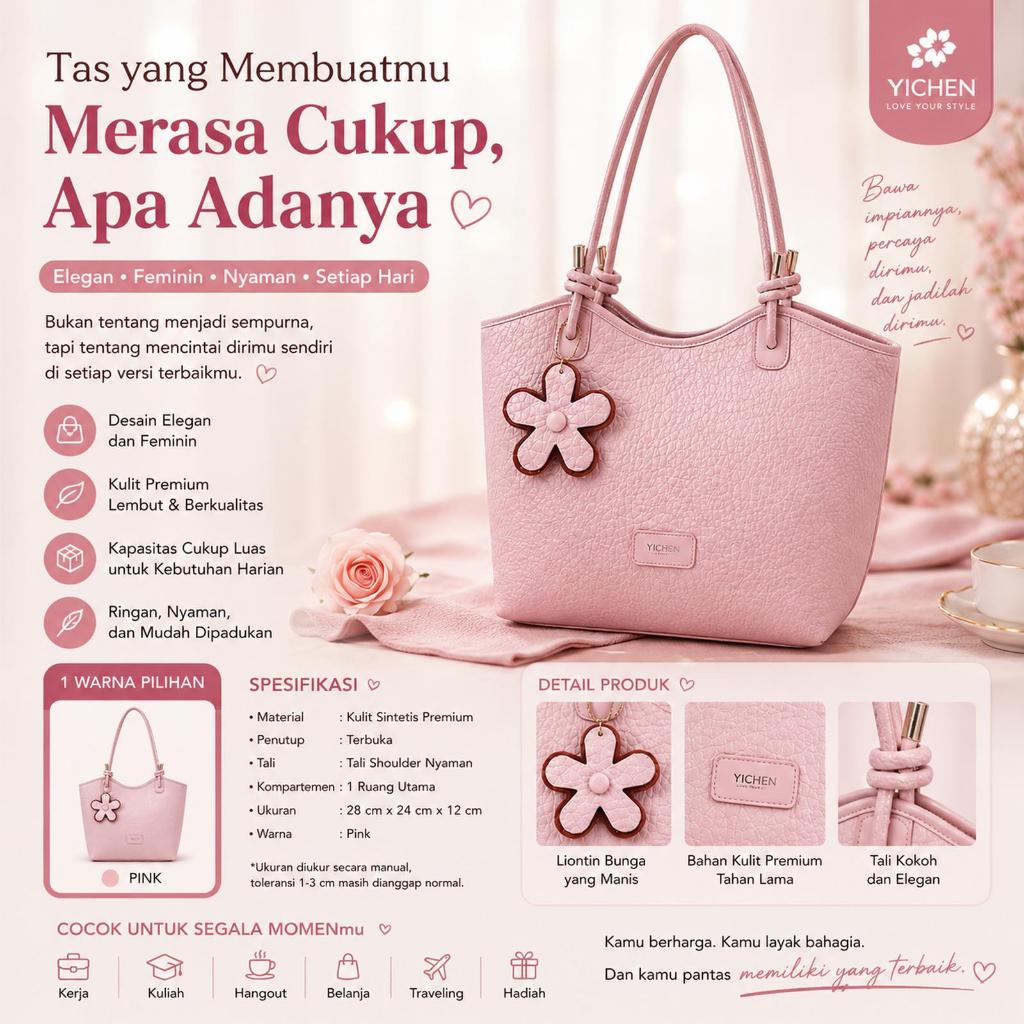 Château Bag - กระเป๋าโท้ตผู้หญิง Yichen สีชมพูพาสเทล - กระเป๋าสะพายเรียบง่ายหรูหราระดับพรีเมียม