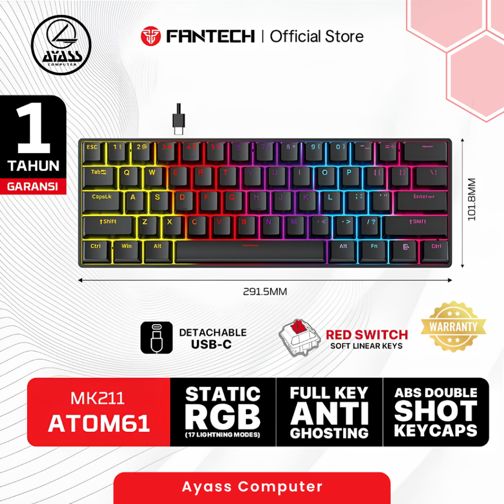 FANTECH ATOM61 MK211 / ATOM 61 MK-211 WIRED KEYBOARD MECHANICAL GAMING พร้อม STATIC RGB – 17 โหมด