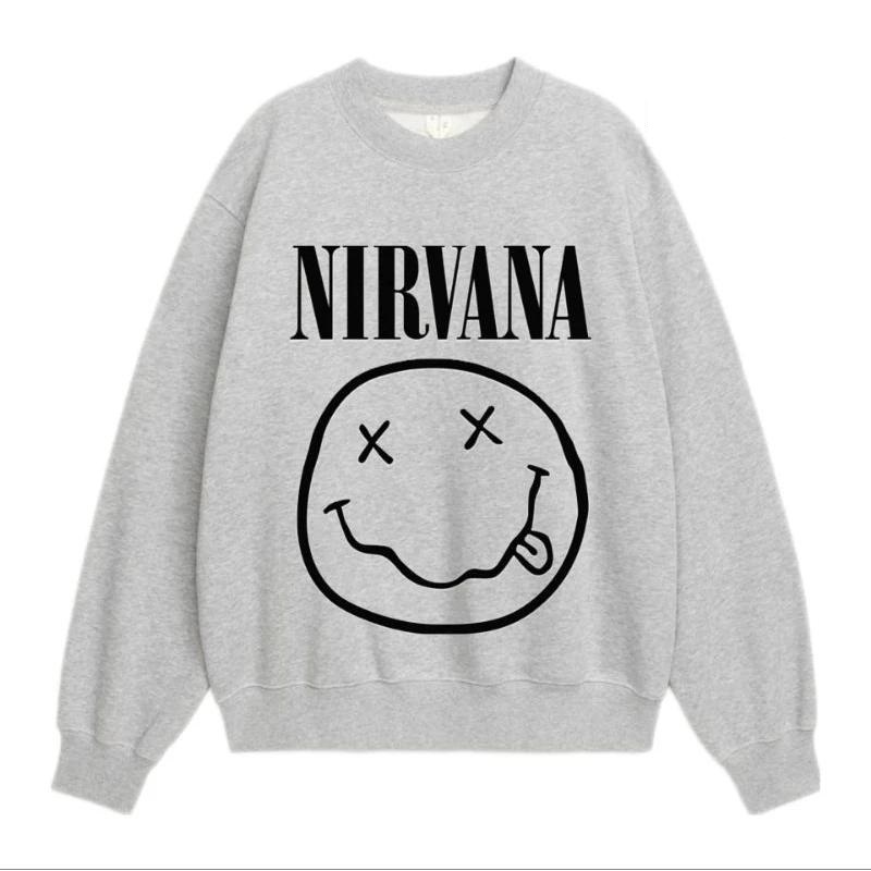 Nirvana Smiley Head X Logo Long Sleeve Casual เสื้อกันหนาวมีฮู้ดสีเทา