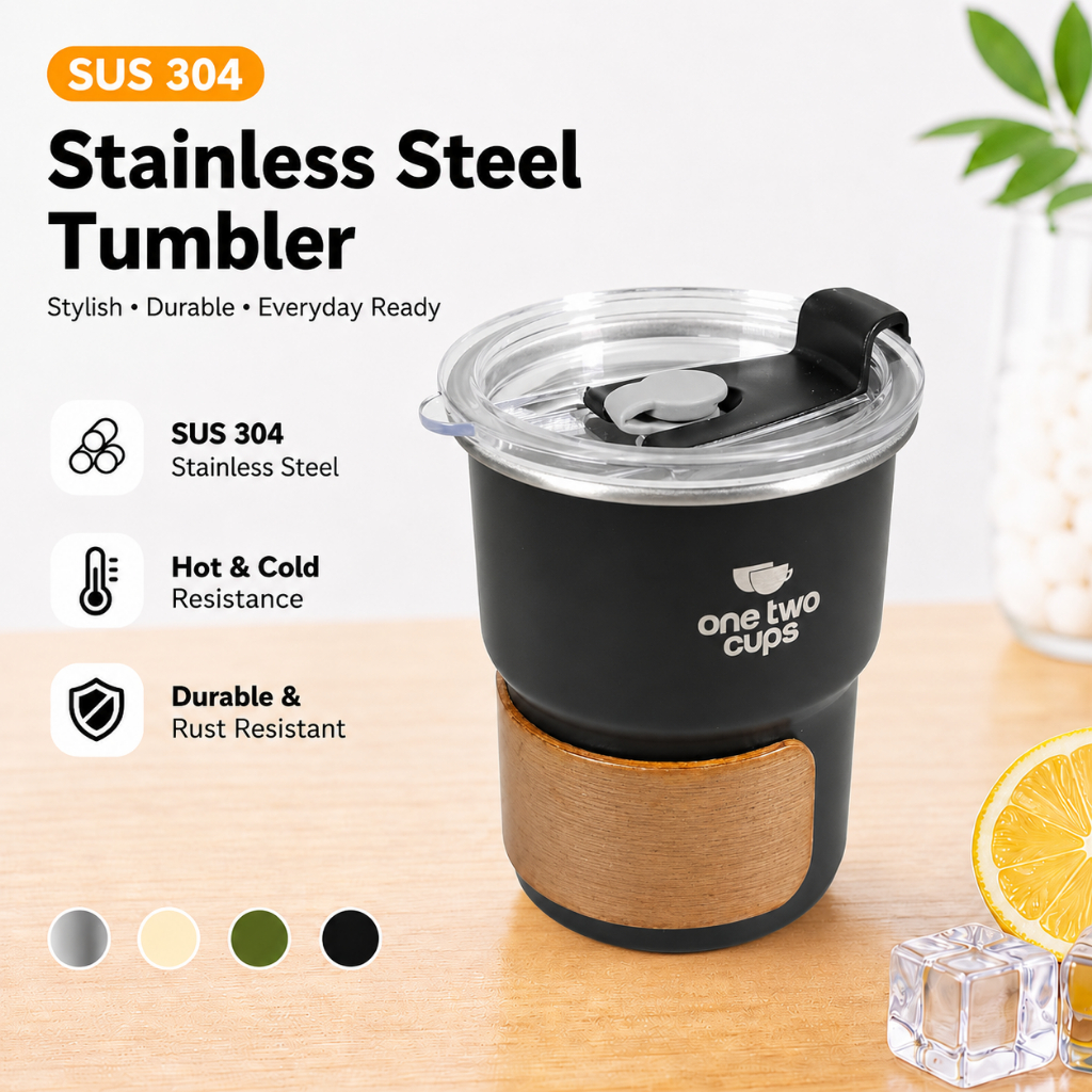 One Two Cups Coffee Tumbler Cup Lid Wood Cover Stainless 300ml - BC140 - สีดํา/ขาว/เขียว/เงิน