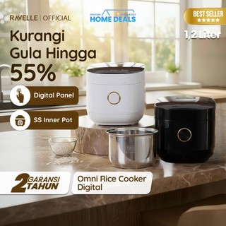 Ravelle OMNI Rice Cooker Digital Low Carbo Less Sugar  1.2 Liter Nasi (3 Liter)  Stainless Steel inner Pot   - Penanak Nasi - Low Watt