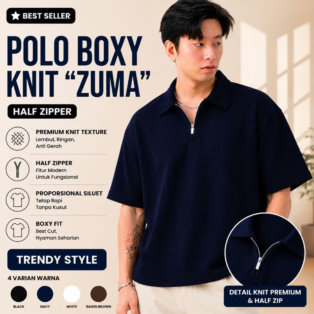 SVN CLUB - Polo Boxy Fit Halfzip Knit ZUMA Sanvanina | เสื้อยืดคอปกทรงกล่องสําหรับผู้ชายเสื้อเชิ้ตซิ