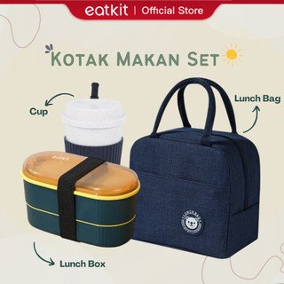 Eatkit 3in1 Kotak Makan Set Lunch Box Wheatstraw Microwaveable Tas Thermal Lunch Bag Warna