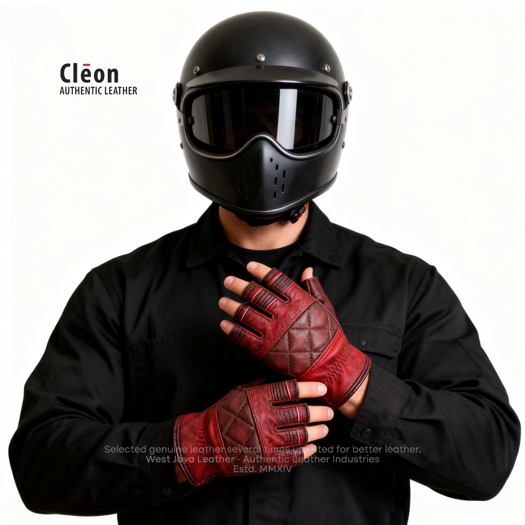 WJ Leather - ถุงมือมอเตอร์ไซค์หนังแท้ Cleon Half Finger Rusty Maroon Vintage Gloves