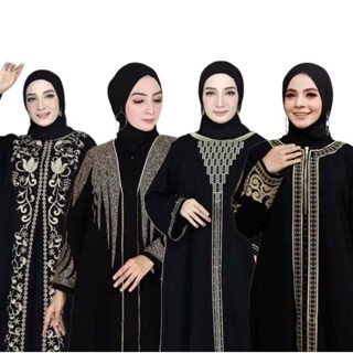 Abaya คู่อาหรับเย็บปักถักร้อยกิโมโนตุรกีอินเดีย Jetblack hau…