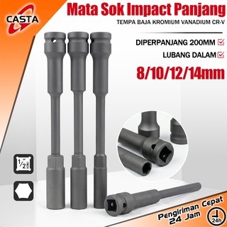 CASTA Kunci Shock Impact Panjang 20CM Mata Socket 1/2 Inch Drive Ukuran 8-14mm Extra Deep Socket Heavy Duty Pelapis Anti Korosi Untuk Impact Wrench & Kunci Pas Torsi Tinggi Mudah Lepas Mur Hex Klem Perbaikan Sadel Sambungan Mekanis Mesin