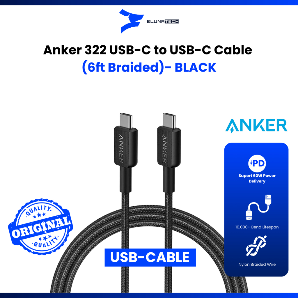 ANKER 322 USB C TO C FAST CHARGING DATA CABLE 6FT BRAIDED ผลิตภัณฑ์ต้นฉบับ A81F6H11