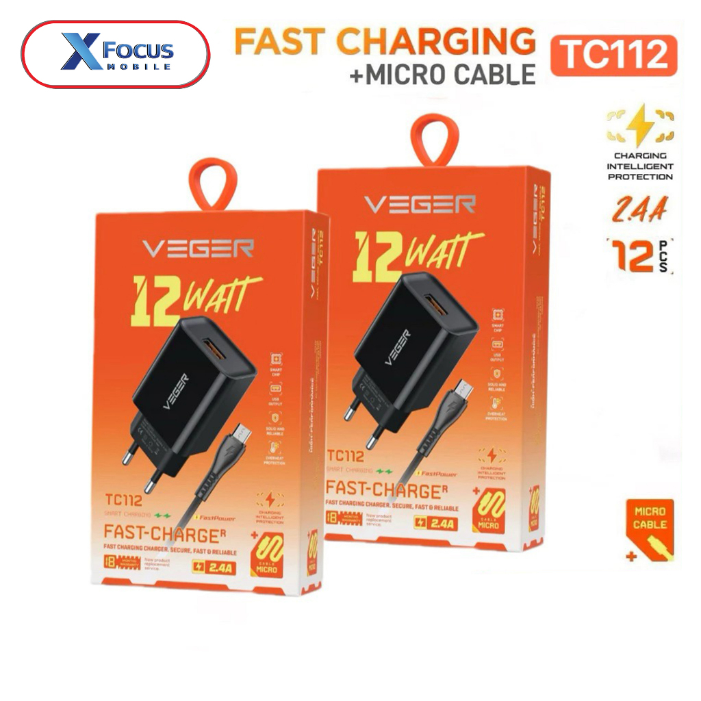 VEGER TC112 MICRO, TYPE C / แท่นชาร์จ VEGER TC112 MICRO, TYPE C 12W 2.4A พร้อมสาย MICRO USB หรือ TYP