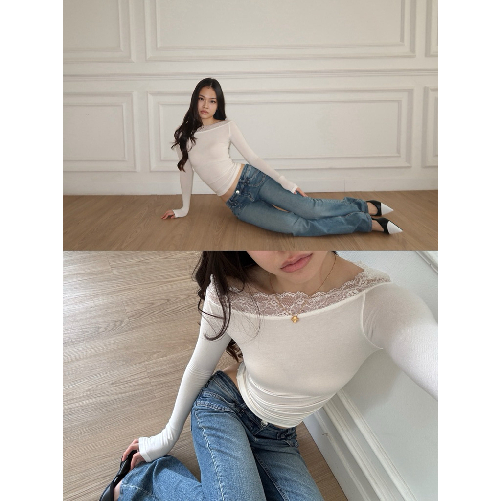 ELLA SHEER TOP // RUE Longsleeve Boatneck Sabrina Offshoulder Lace Basic Stretch Casual TOP