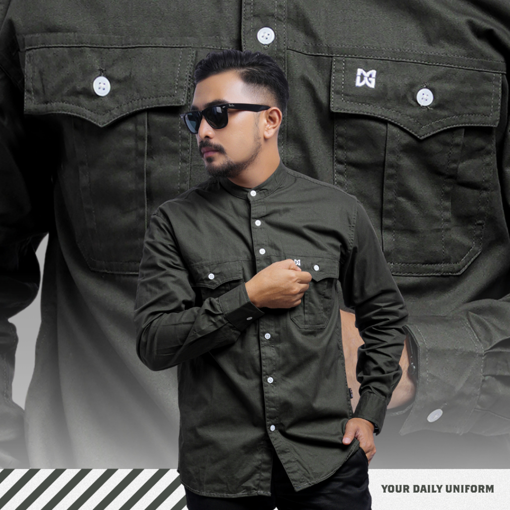 KEMEJA DGM Mens Plain Double Pocket Shirt Shanghai Collar Koko Long Sleeve Twill 30S Plain Army Shir