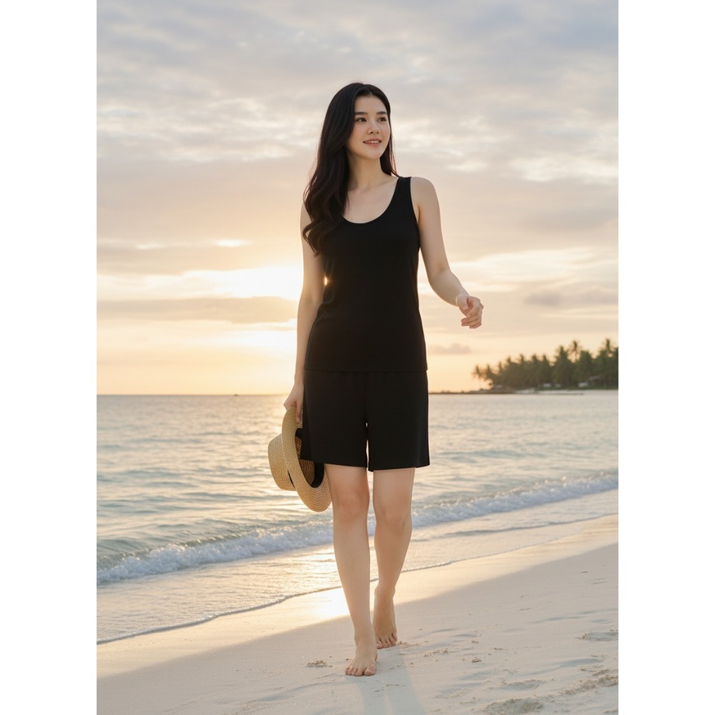 TANKTOP NIGHTWEAR WITH LARGE STRAP, SHORT PANTS, PYJAMA HYGT MATERIAL, PLAIN BASIC STYLE, MODERN สํา