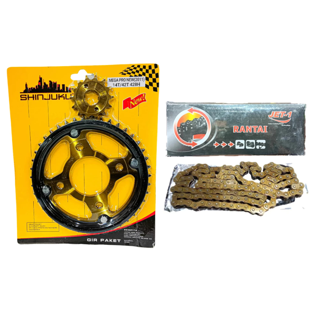 [14T/42T] GEAR PRESS + CHAIN 124 / GIR SET PACKAGE SEPUH MEGA PRO NEW / OLD - CB150 VERZA - SONIC 15