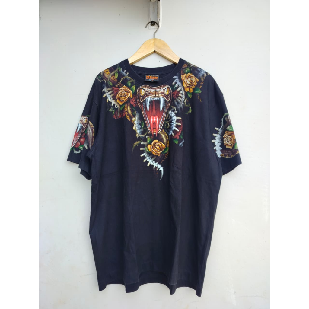 3D 4D Screen Printing All Over Print Snake & Roses Art T-Shirt, Size XL (P74Cm x W60cm), สีดํา