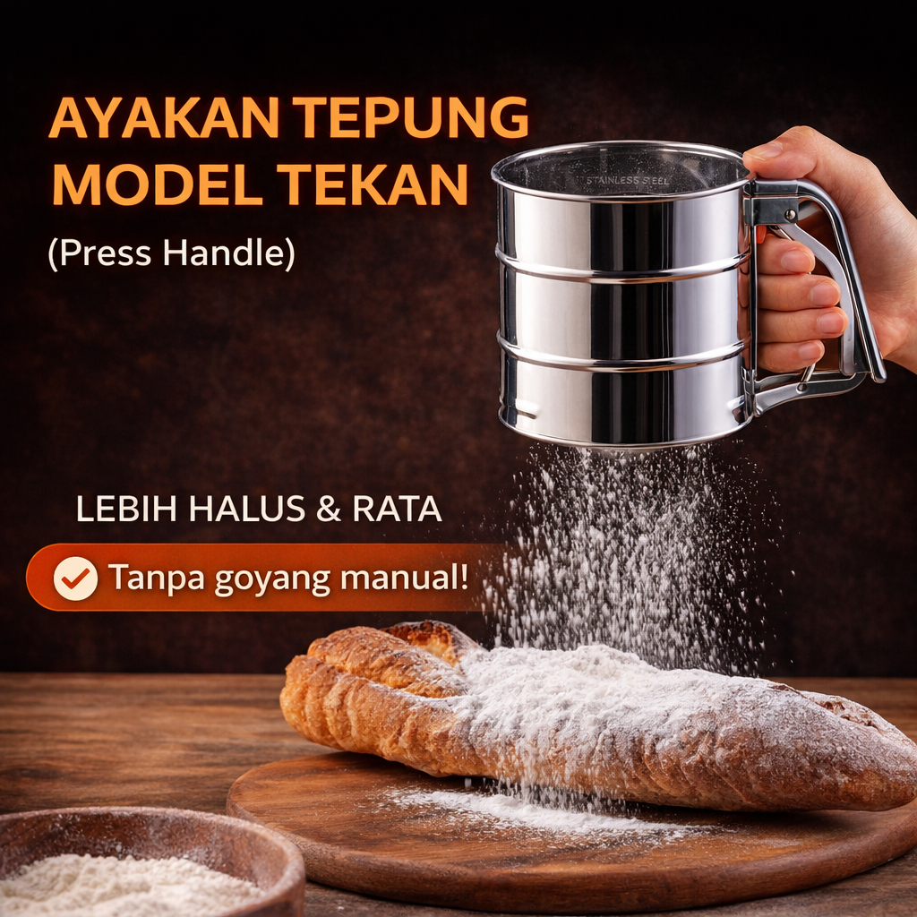 STAINLESS STEEL FLOUR SIEVE รุ่นกด ANTI-CLUMPING (กดแฮนด์) | STAINLESS STEEL FLOUR STRAINER PRESS MO