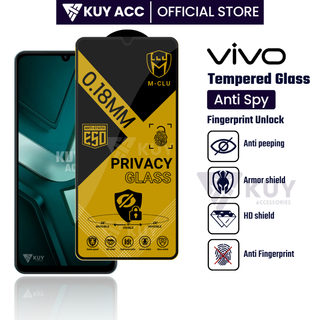 KUY – กระจกนิรภัย ESD Anti Spy 0.18 Ultra Thin Vivo Y19s GT 5G Y19 Y18 Y18e Y17s Y17 Y16 Y17i Y15s Y