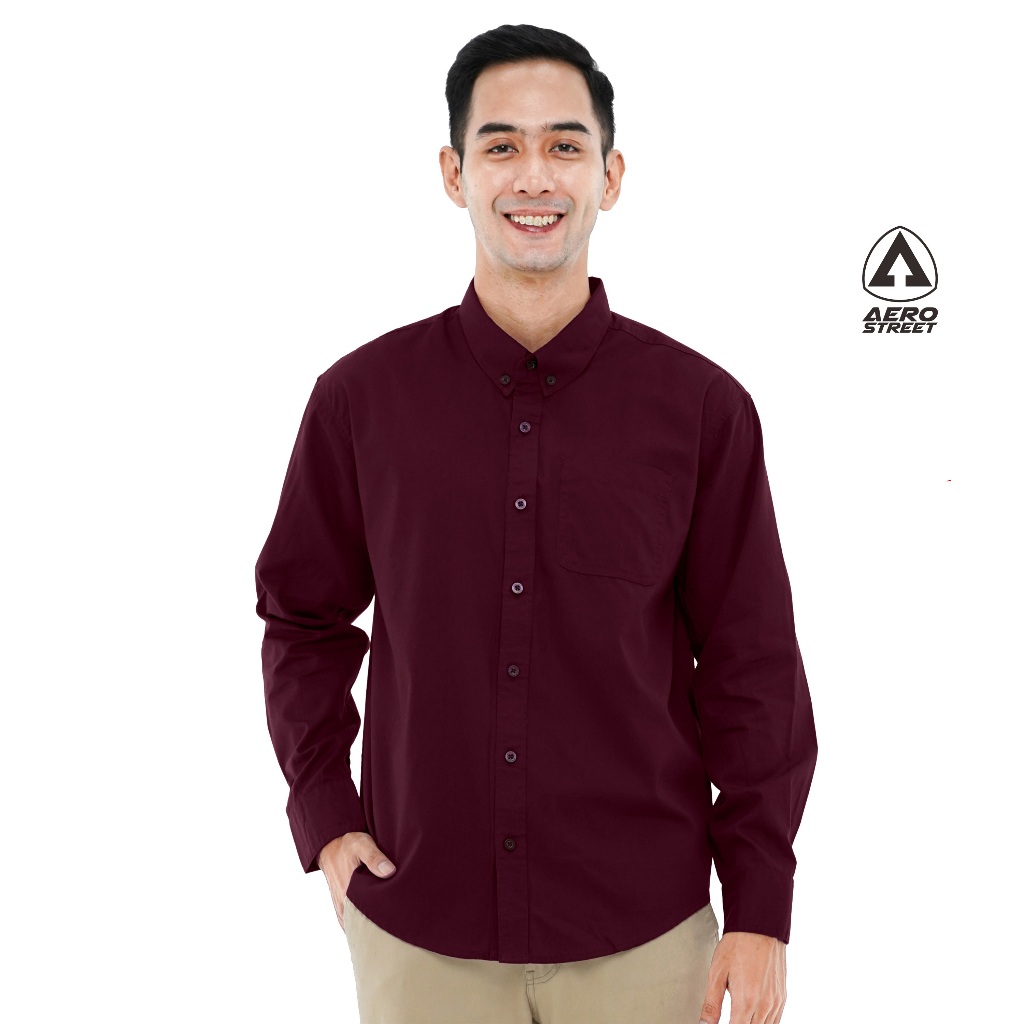 KEMEJA Aerostreet Arion เสื้อเชิ้ตแขนยาวผู้ชาย Maroon Guys Casual Cotton Soft