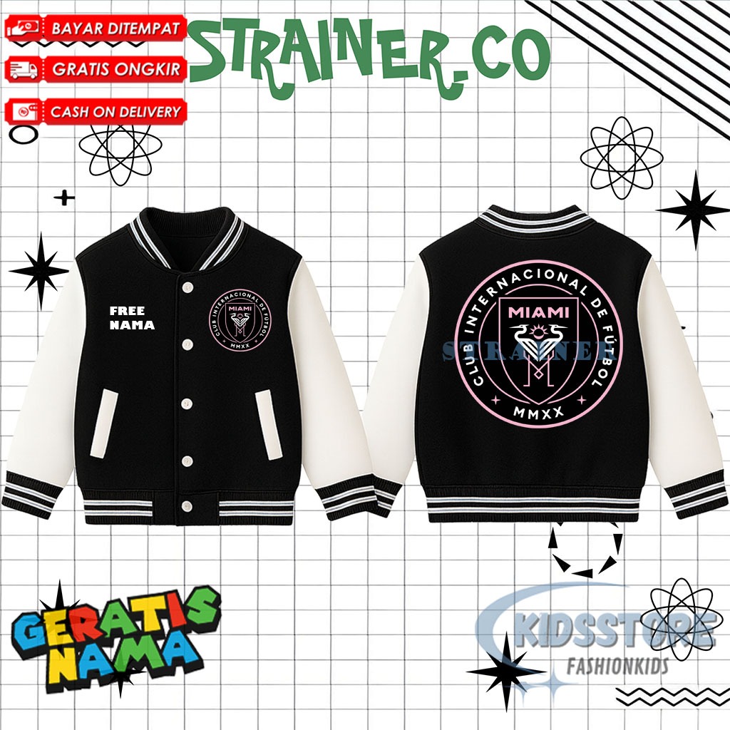 Inter Miami Kids Varsity Jacket / เสื้อแจ็คเก็ตเบสบอลสําหรับเด็ก Unisex Inter Miami Club ชื่อฟรีชายห