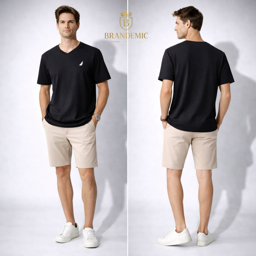 เสื้อยืดสีดําธรรมดาคอวีสําหรับผู้ชาย Na*tica ปักโลโก้ระดับพรีเมียม