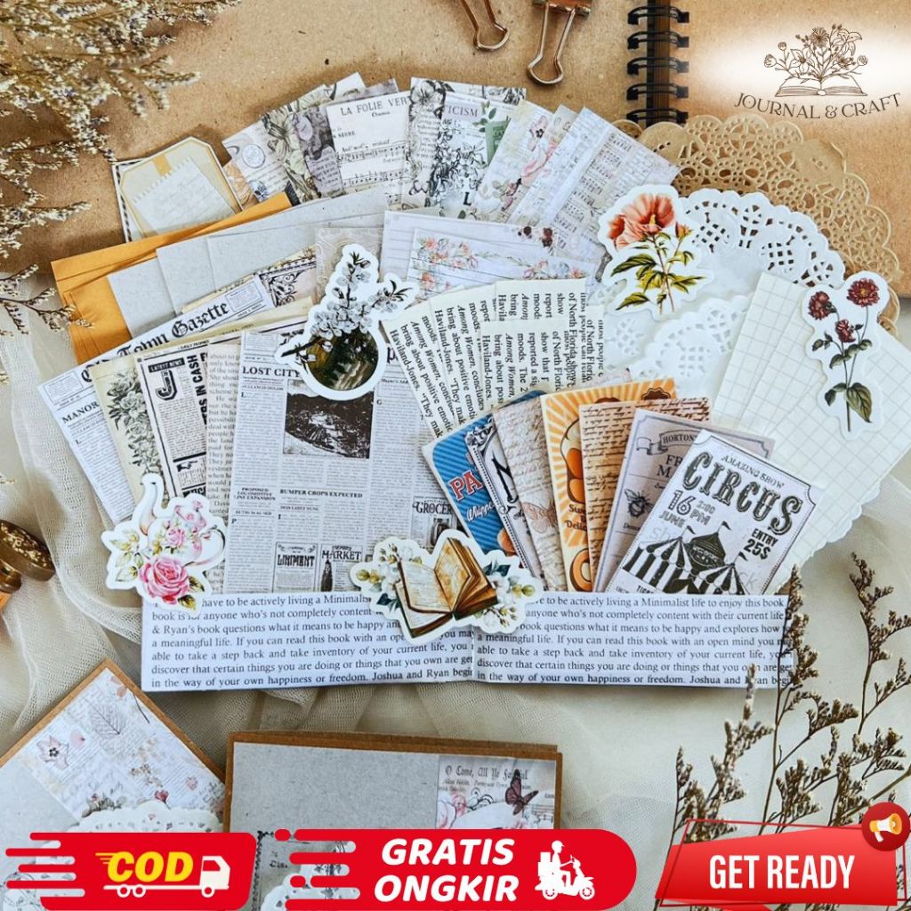 Journal kit 56++ pcs Journal Kit Vintage Aesthetic Journal Kit ตกแต่ง Srapbook อัลบั้มหรือโน้ตบุ๊คได