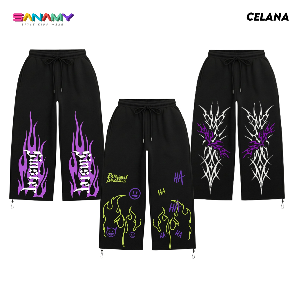 SANAMY Black Baggy Pants สําหรับเด็กผู้ชาย distro อายุ 7-12 ปี Cool Motif Premium Fleece CSKA-001