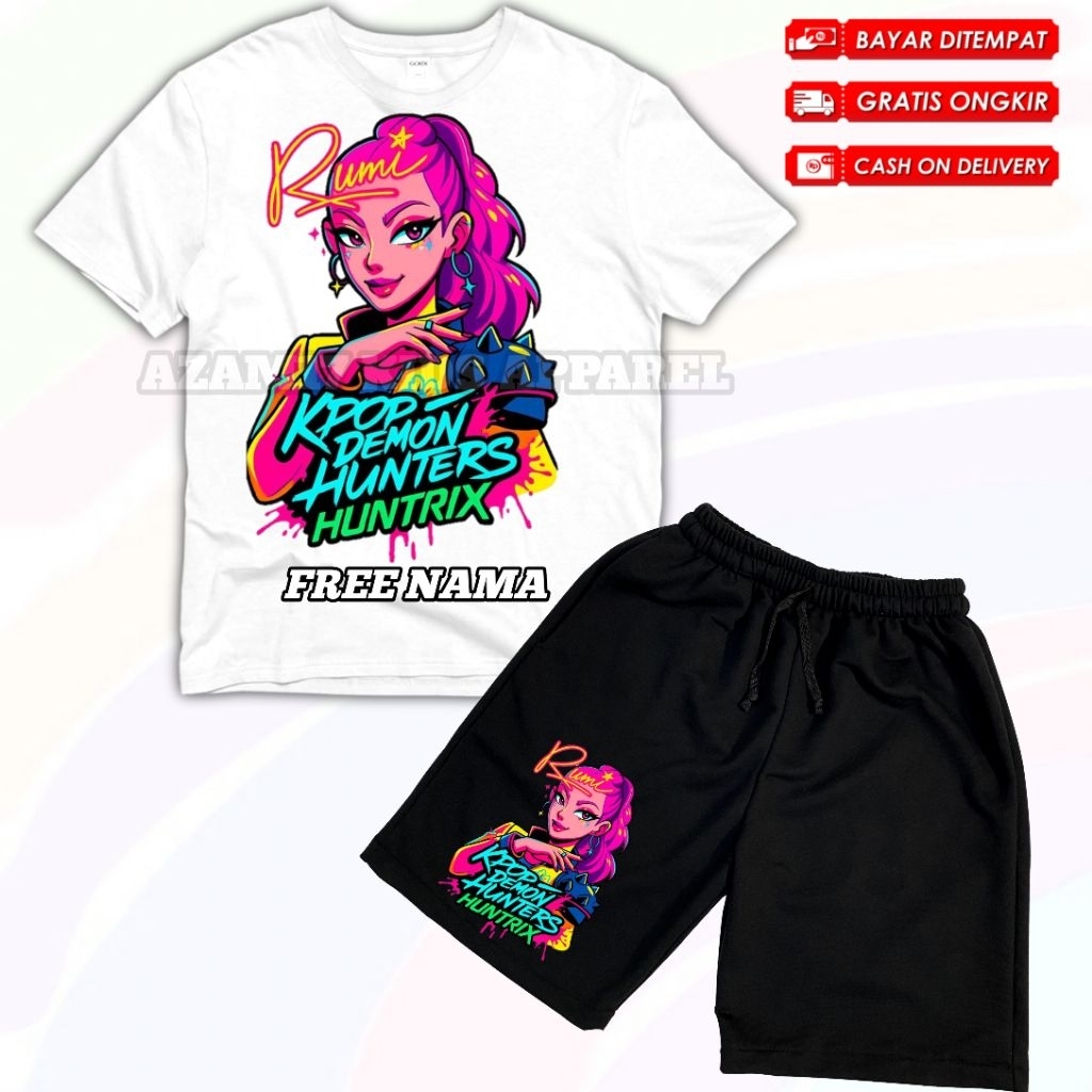 Kpop Demon Hunters Huntrix เสื้อยืดเด็กและกางเกงขาสั้นชุด Rumi ตัวอักษรฟรีชื่อ / Rumi Huntrix Kpop D