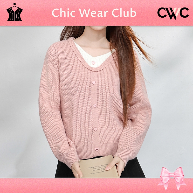 CWC - KnitWear เสื้อไหมพรมถักด้านบน - คอปกคอวีเนื้อนุ่มสไตล์เกาหลี