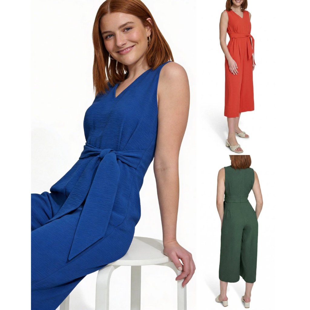จั๊มสูท Kulot Crop V คอ CLK แขนกุด Tie-เอว Wide-Leg - 2224