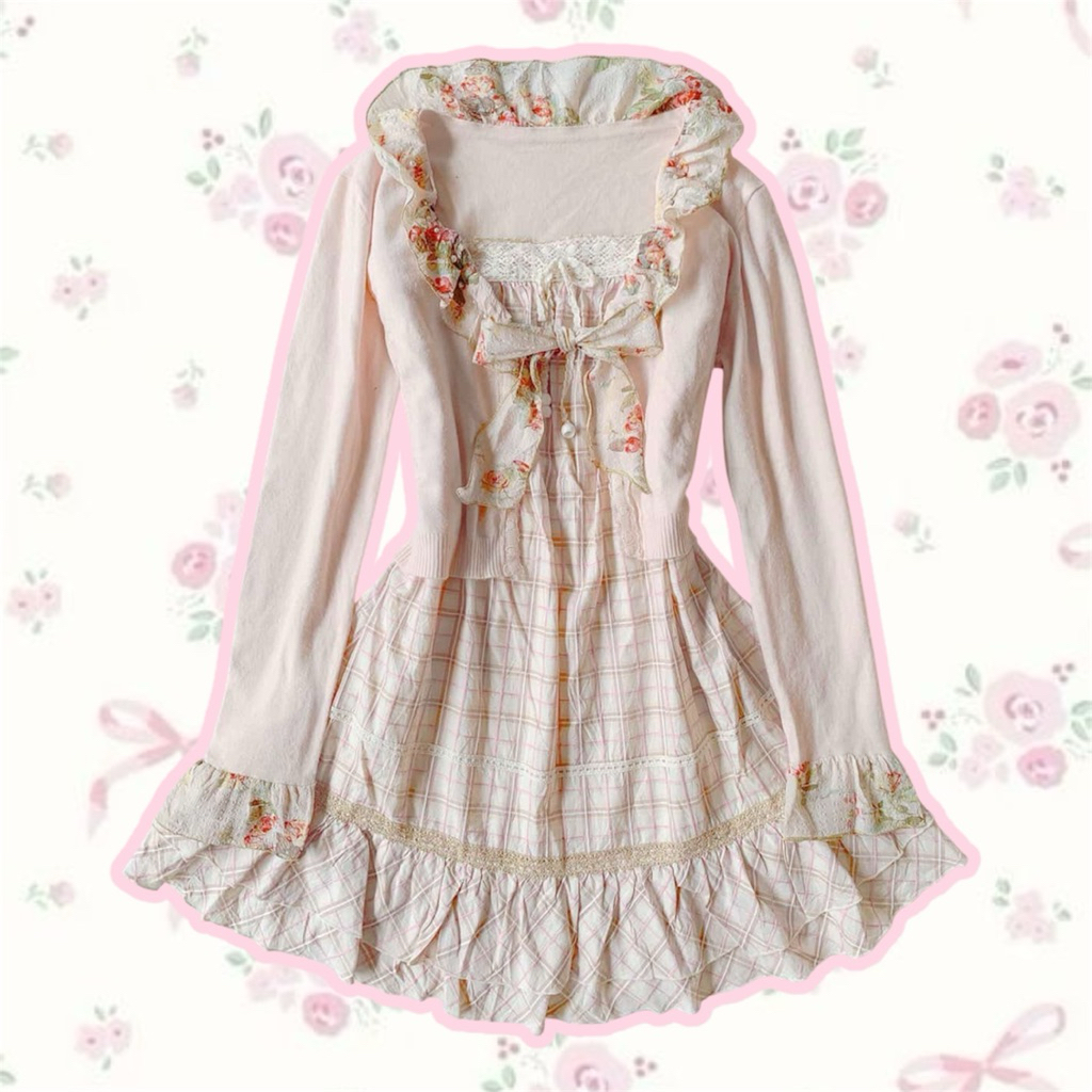 บลัชออนลายสก๊อต off set dress คาร์ดิแกน neapolatan Kawaii Coquette Dollette