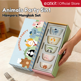 Eatkit Hampers Mangkok Keramik Character Animal 5 Pcs Bowl Set Box Premium Motif Lucu Microwaveable