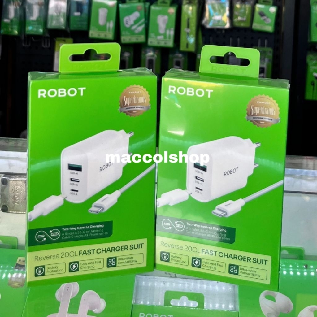 Robot Reverse 20CL 20W Fast Charging USB-A + USB-C + USB-L Lightning Two Way Reverse Port Charger + 