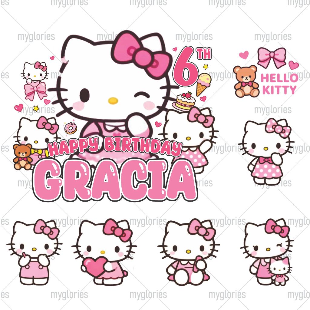 [CUSTOM NAME AGE] ท็อปเปอร์เค้กธีม HELLO KITTY แบบกําหนดเอง - การตกแต่งเค้กวันเกิด SANRIO HELLO KITT