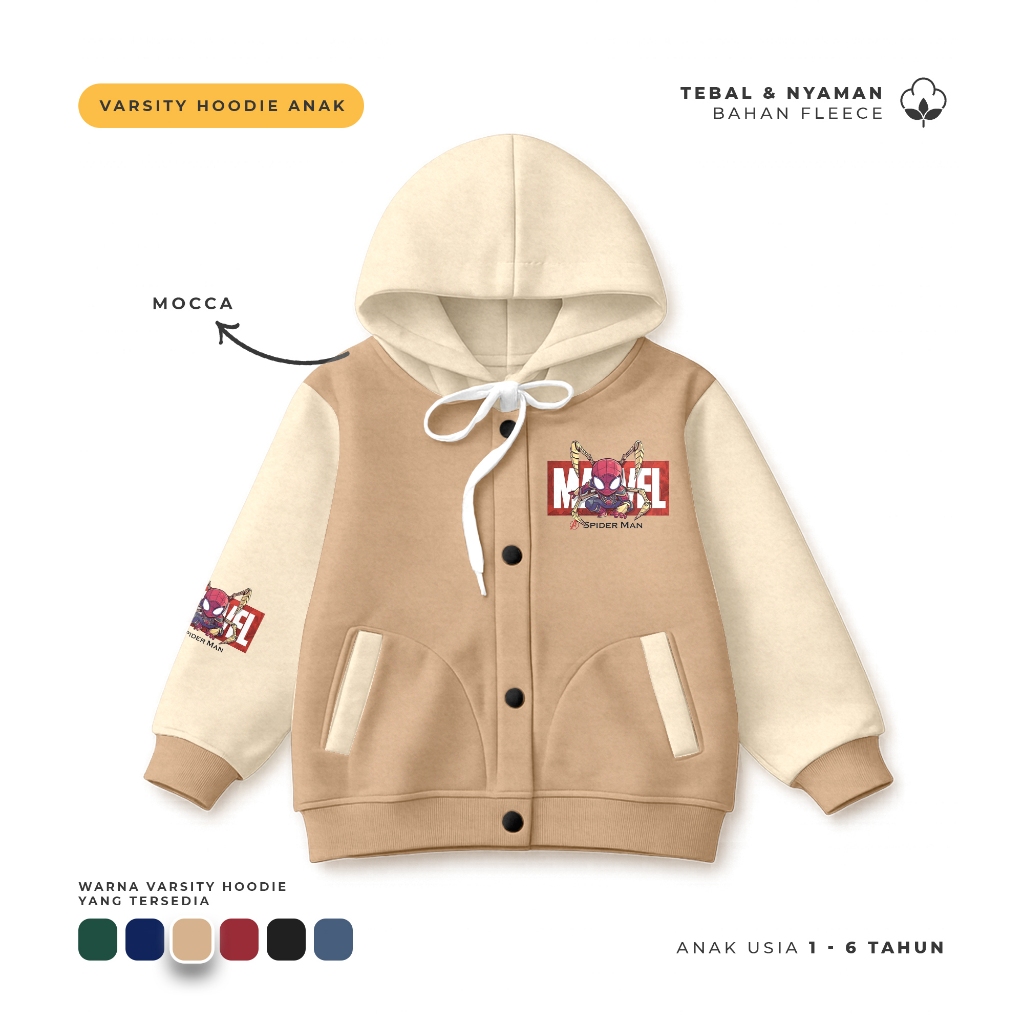 Kids Varsity Hoodie Jacket Varsity Hoodie Marvel โลโก้ Spider อายุ 1-6 ปี
