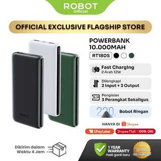ROBOT Power Bank RT12 RT180S 10000mAh - 3 Output, Dual Input Type-C & Micro, Fast Charging 12W, Slim & Ringan - Garansi Resmi 1 Tahun