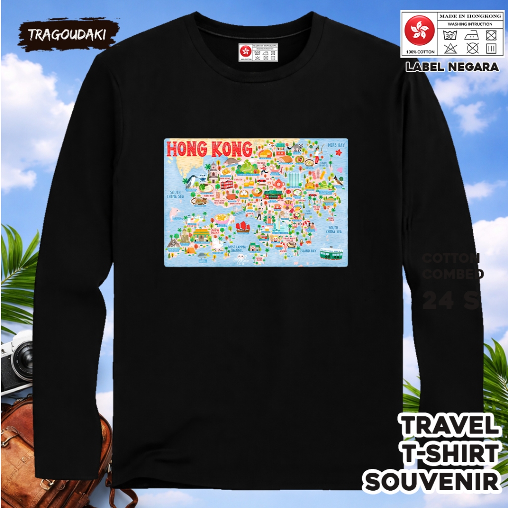 HONG KONG LONG-SLEEVED SOUVENIR เสื้อยืด 10 พร้อม HONG KONG COUNTRY TAG COTTON 24S ของขวัญพรีเมี่ยม 