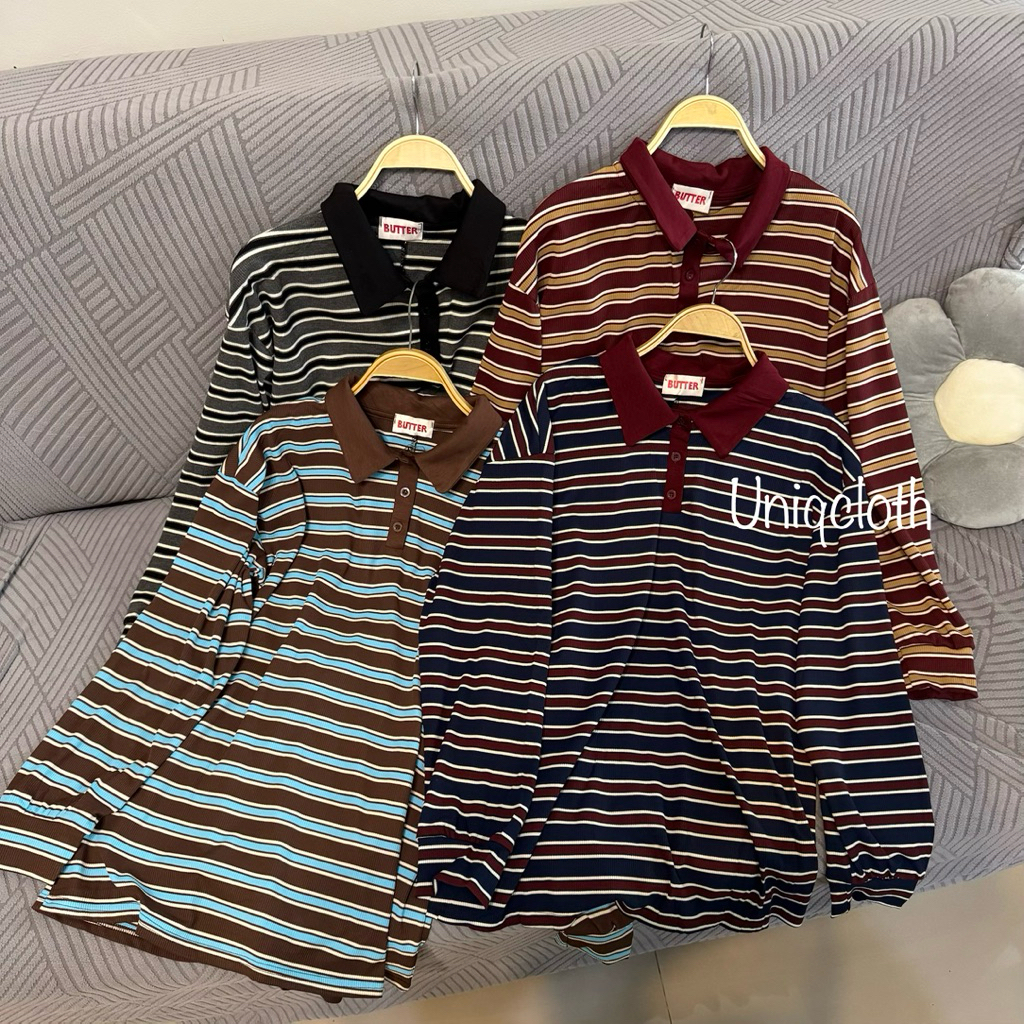 Uniqcloth - Yuha Casual Stripe Knit Polo Collar Striped Knit Top