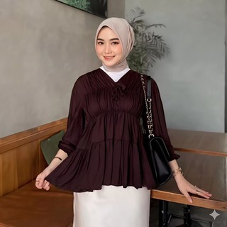 Mireya Blouse Kerut Dada Lengan Panjang Bahan Rayon Atasan Wanita Terbaru By Ninety Project