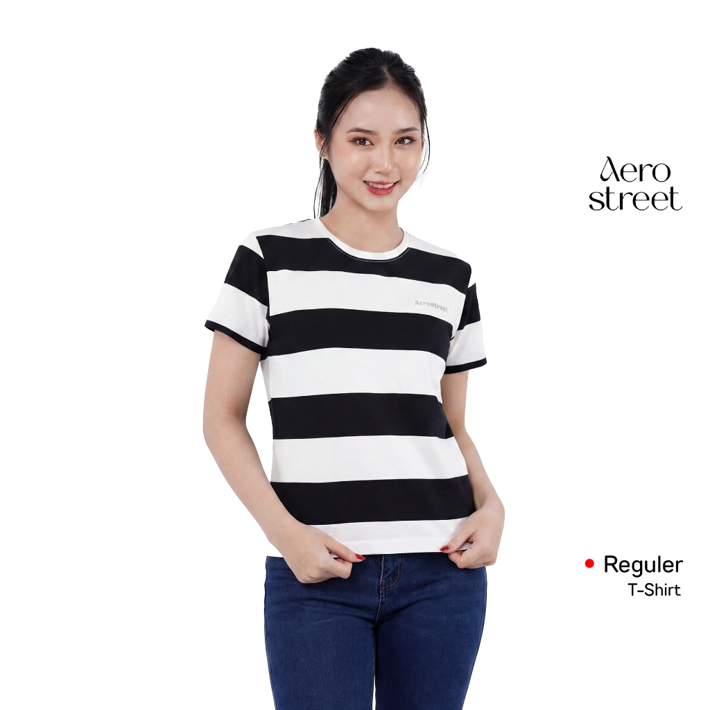 Aerostreet Rugby Womens Black Stripe เสื้อยืดผู้หญิง Casual Cotton Combed Cool Two Tone ไม่ร้อน