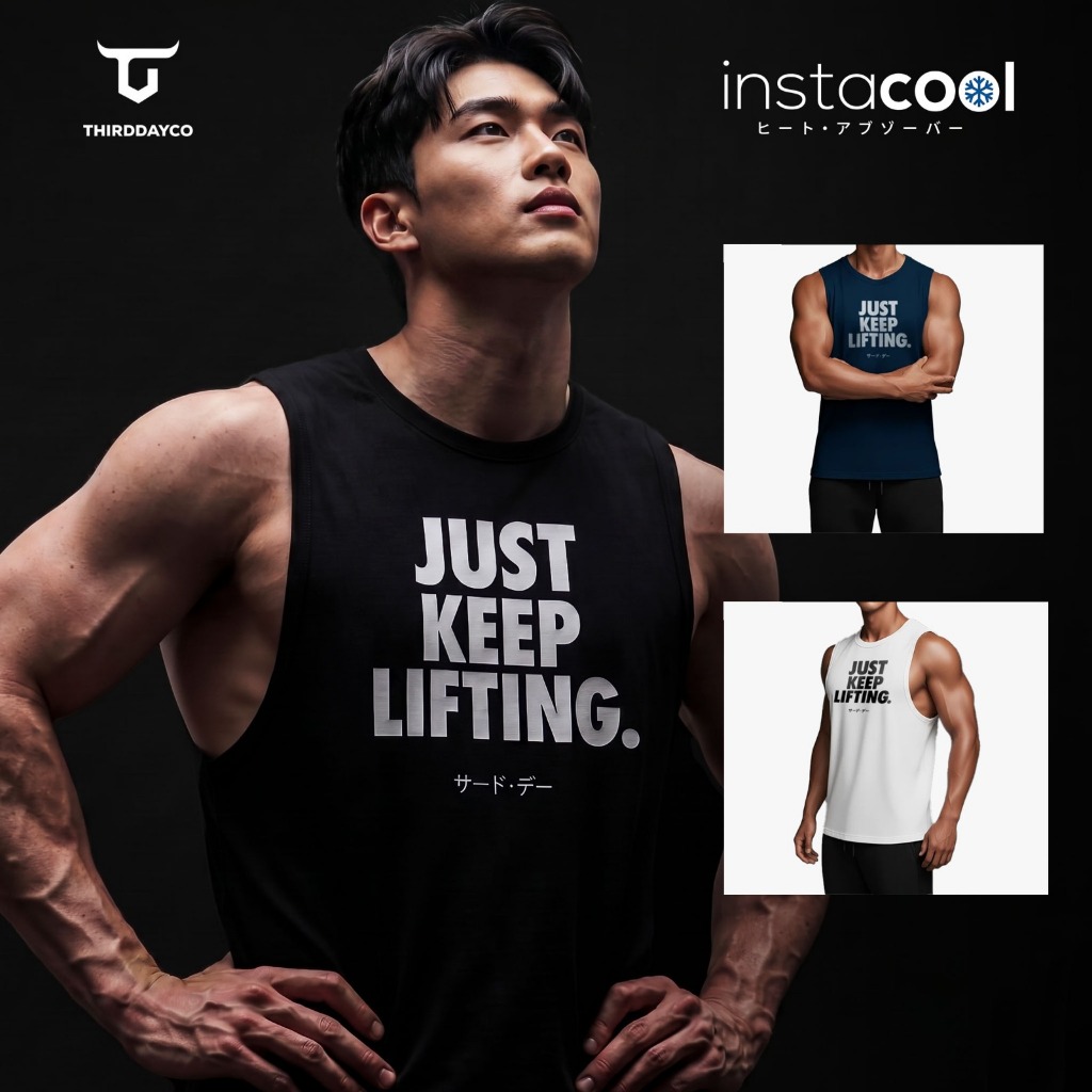 THIRDDAY เสื้อกล้ามแขนกุด Gym ชาย Instacool SVN "just keep lifting" สีดํา MTX48 สีขาว MTY04 NAVY MTY