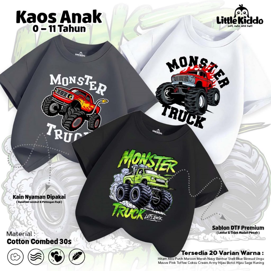 LITTLE KIDDO - เสื้อยืดเด็ก Monster Truck Car Image I Tops สําหรับเด็กชายและเด็กหญิง (0-11 ปี)