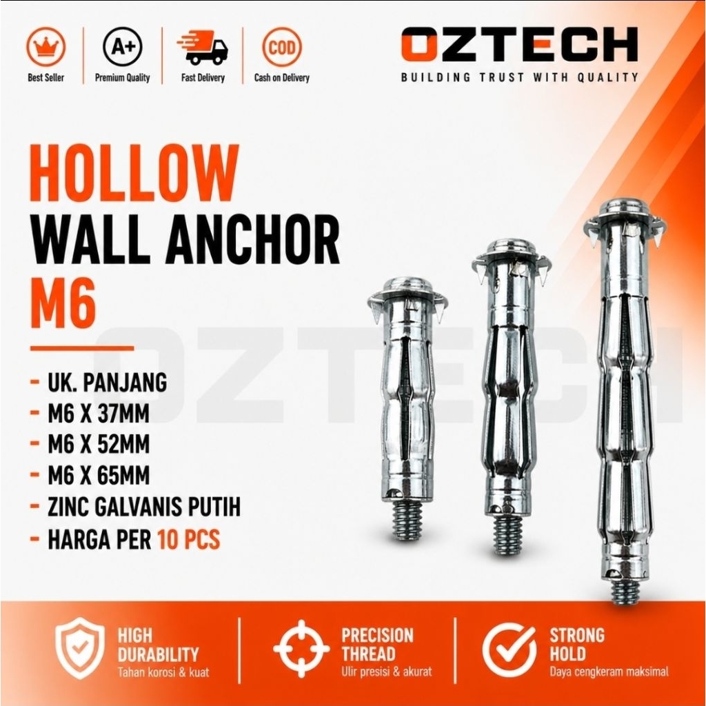 OZTECH Hollow Wall Anchor M6 ยิปซั่ม Wall Anchor Bolts Hollow สังกะสีสีขาวเนื้อหา 10 ชิ้น