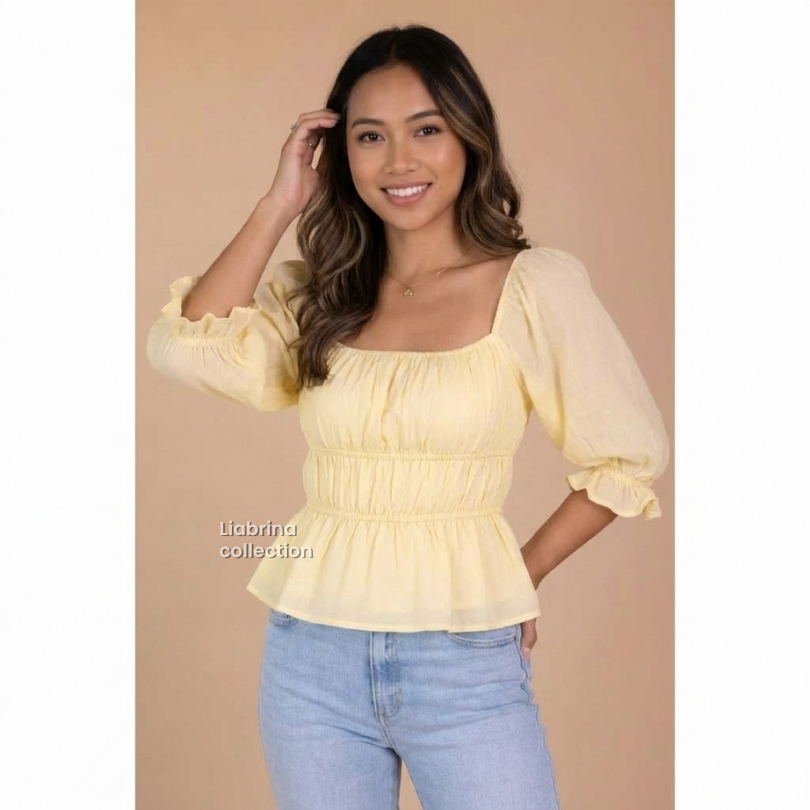 Ayla Ayla Ayla | เสื้อ Poplin สําหรับผู้หญิงแขนยืดหยุ่น Peplum คอสี่เหลี่ยมพัฟแขน - Liabrina Collect