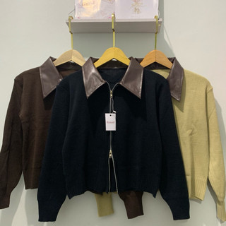 Cardigan Rajut kerah kulit wanita double Zipper Korean style knitwear outfit trend kekinian