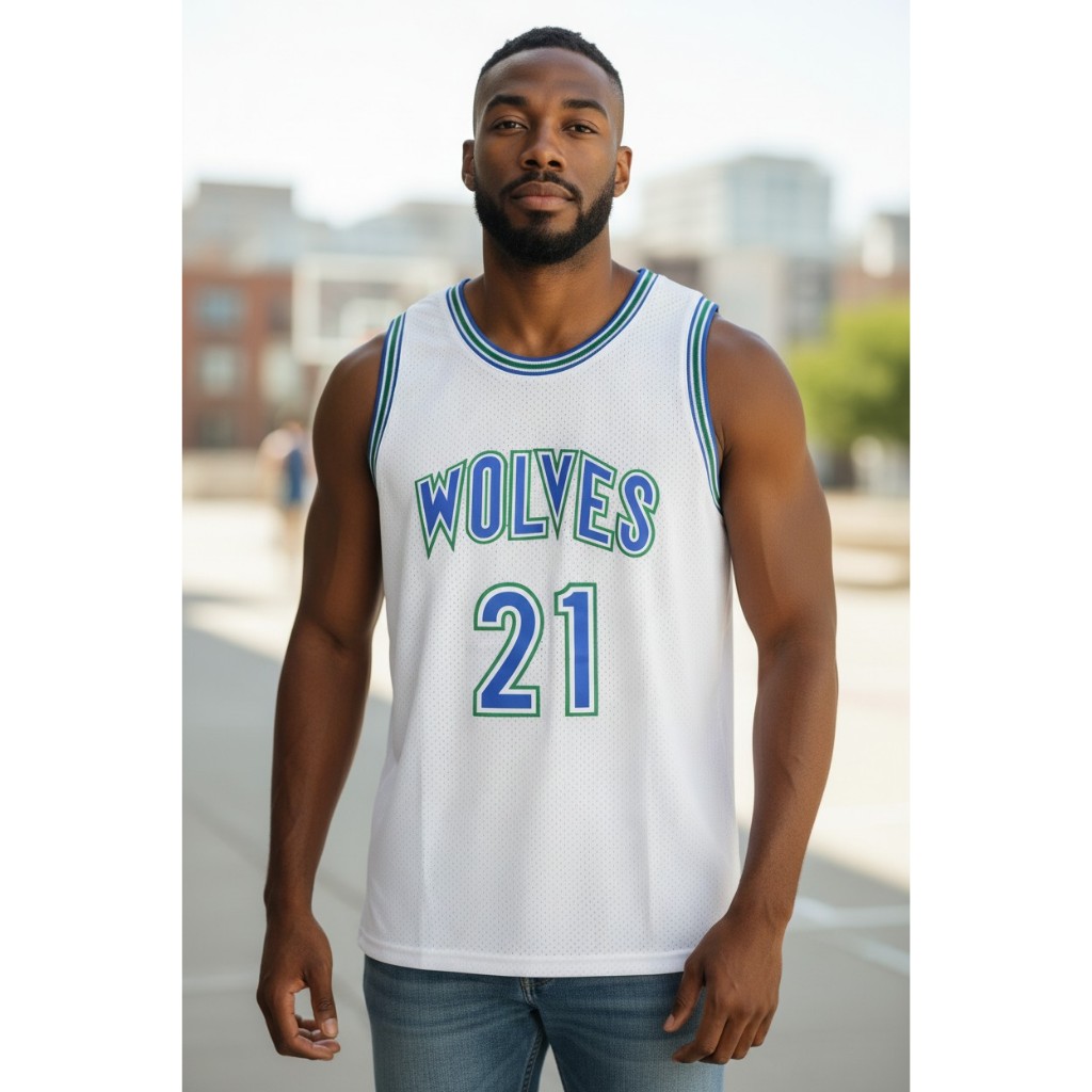 พรีเมี่ยมนําเข้า CLASSIC HWC WOLVES 21 KEVIN GARNETT WHITE MN BASKETBALL JERSEY