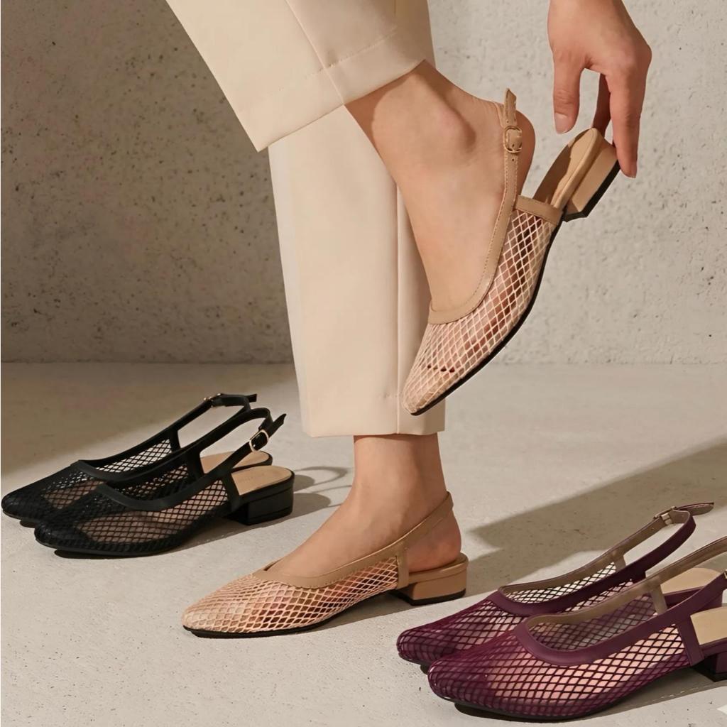 รองเท้าส้นแบนผู้หญิง Star Buana Slingback ลายตาข่ายโปร่งใส Serena Jumbo