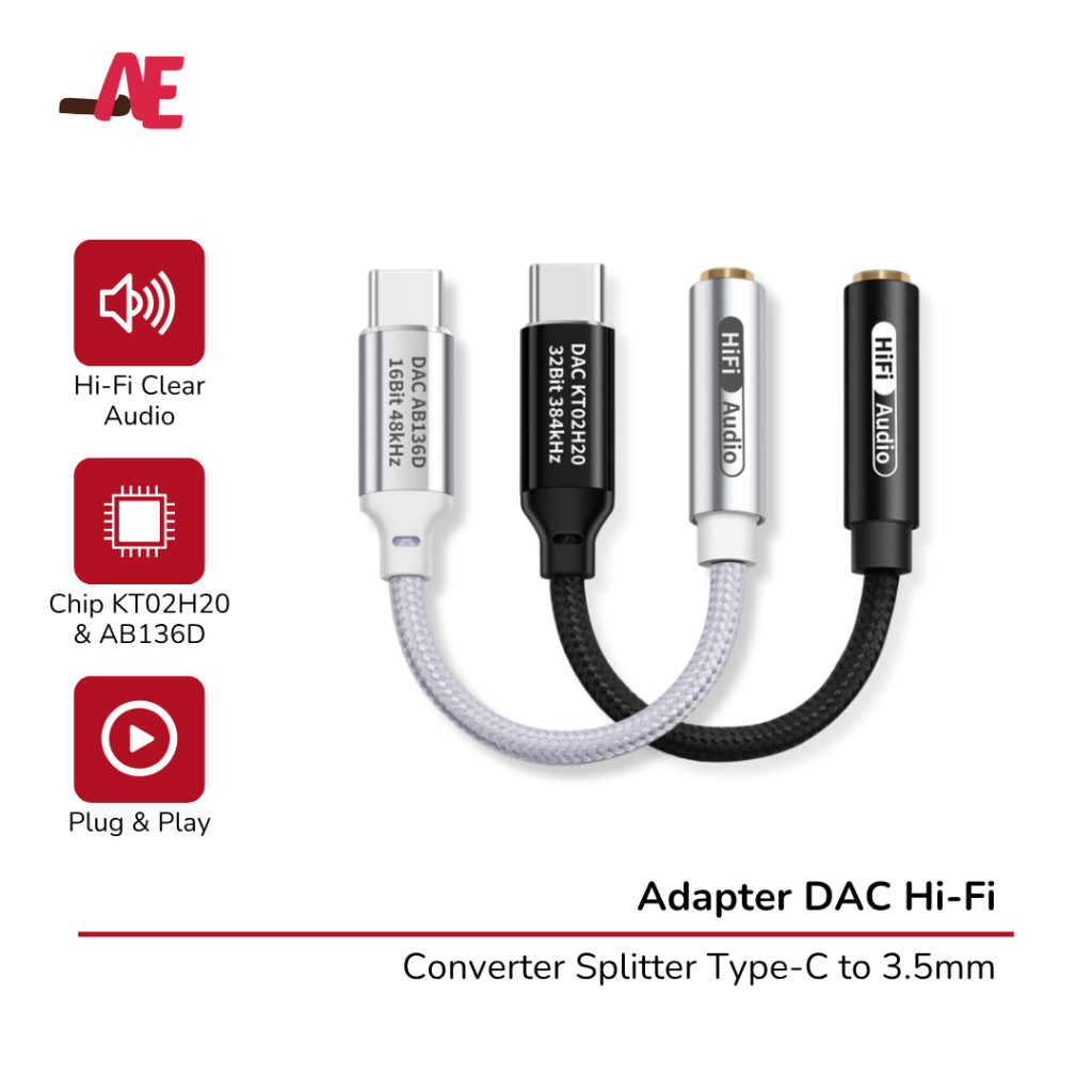 อะแดปเตอร์แปลง DAC Hi-Res KT02H20 Type C ถึง 3.5 มม. (สีเงินและสีดํา)