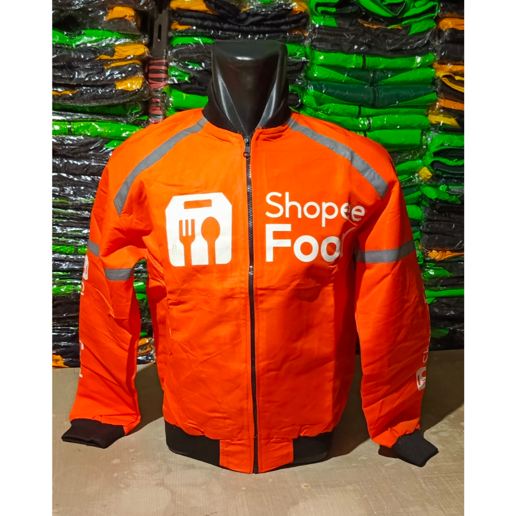 ! เสื้อแจ็คเก็ตไดรเวอร์บอมเบอร์สีส้มสีดําล่าสุดของ Shopee Food