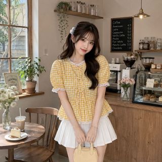 LIVIA Top Renda Blouse Wanita Motif Kotak