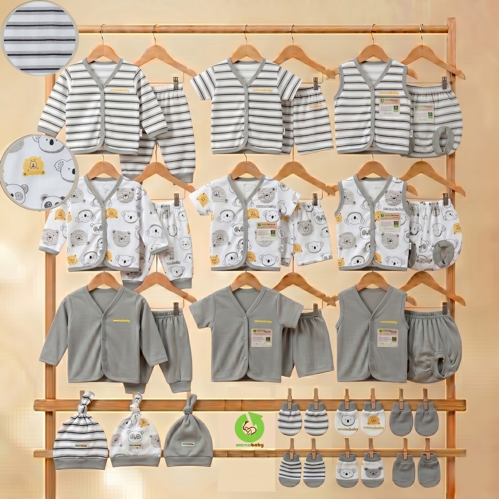 Ummababy แพคเกจ 33 ชิ้นเสื้อผ้าเด็กชุดกางเกงขาสั้นยาว Buntung ทารกแรกเกิดชุดของขวัญน่ารักถุงมือทารกแรกเกิดฟุตหมวกทารกแรกเกิดอุปกรณ์ชายหญิง 36 หมี Raster สีเทา