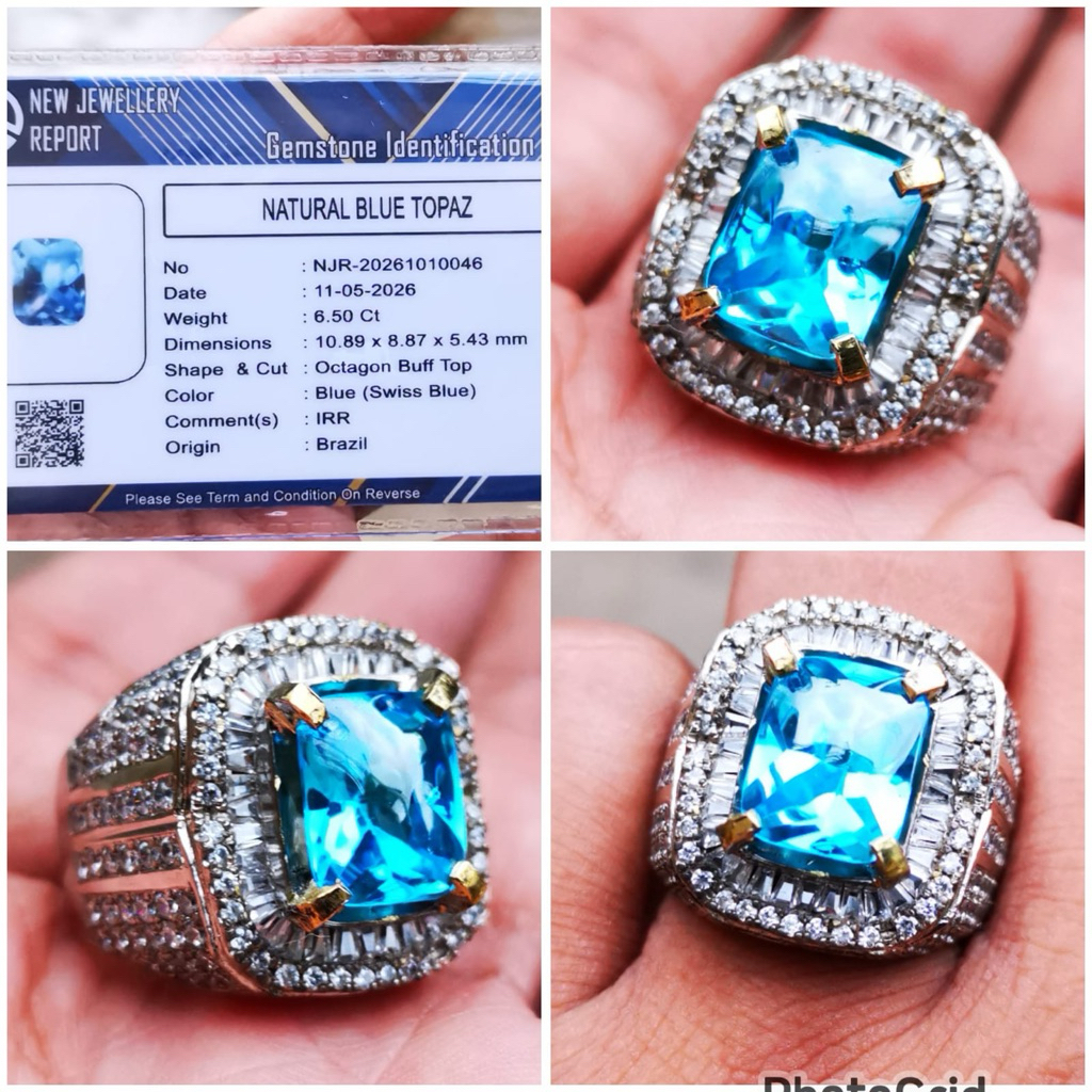 Natural Swiss Blue Topaz Swiss Buff Top Ring Silver Tepper Handmade With Lab memo