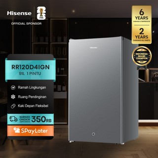 Hisense Kulkas RR120D4IGN Refrigerator Mini Bar Kapasitas 91L 1 Pintu Warna Grey 2L Rak Muat Ukuran Botol Ramah Lingkungan Ruang Pendinginan Kaki Depan Dapat Disesuaikan Compact Size Separate Chiller
